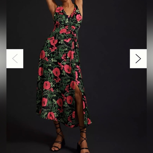 Maeve Anthropologie Satin Feel Sleeveless Ruched Floral Midi Dress Size 4 - Picture 15 of 15